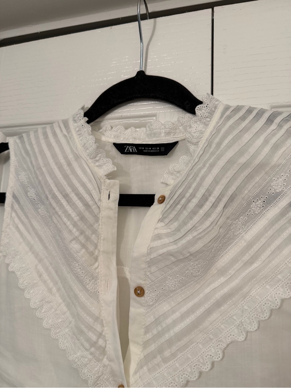 Zara White Pintuck Lace-Trim Blouse